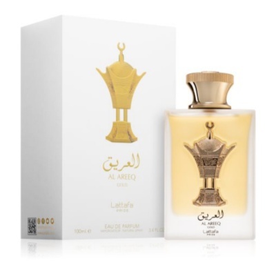 Frasco de perfume Al Areeq Oud da Lattafa com embalagem branca e símbolo dourado