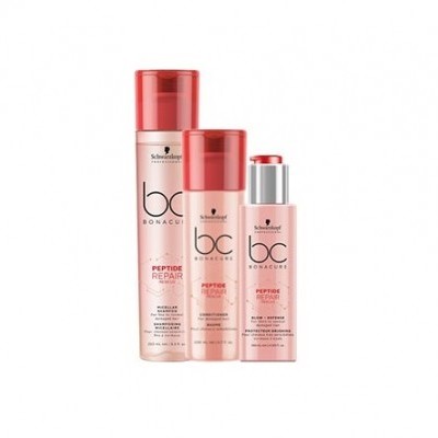 Três produtos de cuidado capilar Schwarzkopf BC Bonacure Peptide Repair com embalagens rosa e tampas vermelhas