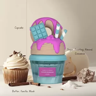 Frasco de perfume em forma de cupcake com decoração colorida