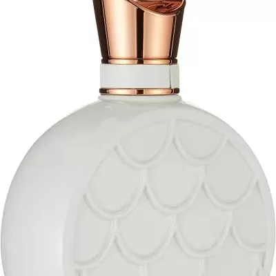 Garrafa de perfume redonda branca com tampa dourada em padrão de escamas