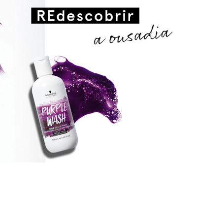 Frasco branco de Purple Wash com respingos roxos e texto 'REdescobrir a ousadia'
