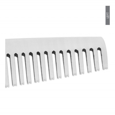 Pente branco com dentes largos e etiqueta 'LEFT' na lateral