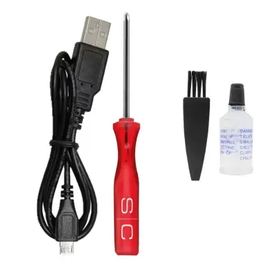 Conjunto de ferramentas para eletrónica com cabo USB, chave de fendas, escova pequena e frasco pequeno.