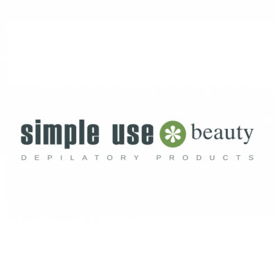 Logótipo 'simple use beauty' com símbolo verde e texto 'DEPILATORY PRODUCTS'