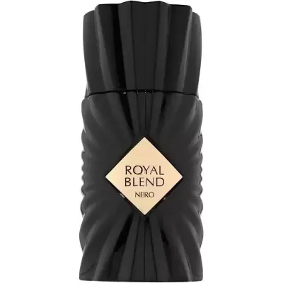 Frasco de perfume preto Royal Blend Nero com etiqueta dourada