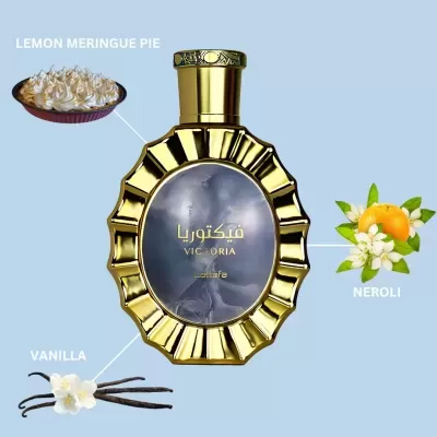 Garrafa dourada estilizada com ingredientes como lemon meringue pie, neroli e vanilla numa composição sobre fundo azul