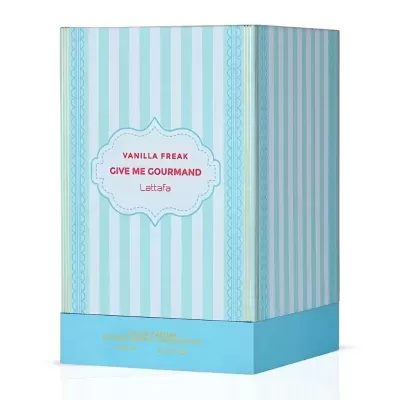 Caixa azul claro e branco de perfume Vanilla Freak Lattafa com texto vermelho e dourado