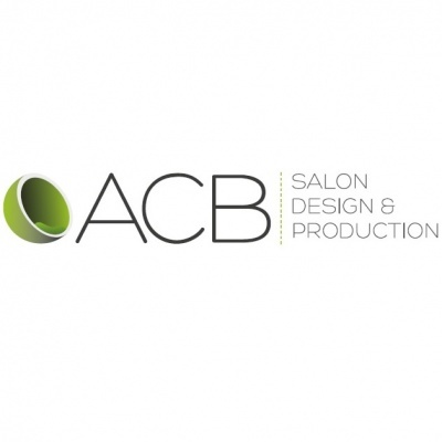 Logótipo ACB com círculo verde e cinza e texto SALON DESIGN & PRODUCTION