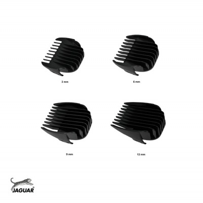 Quatro cabeças de corte pretas para máquina com tamanhos 3, 6, 9 e 12 mm e logotipo Jaguar