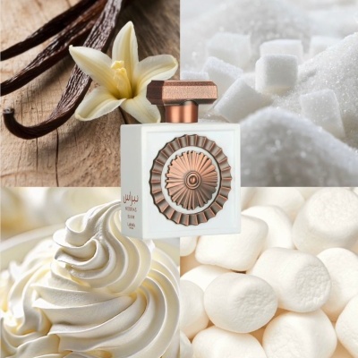 Frasco de perfume branco com tampo bronze e decoração circular, rodeado por baunilha, açúcar, chantilly e marshmallows.