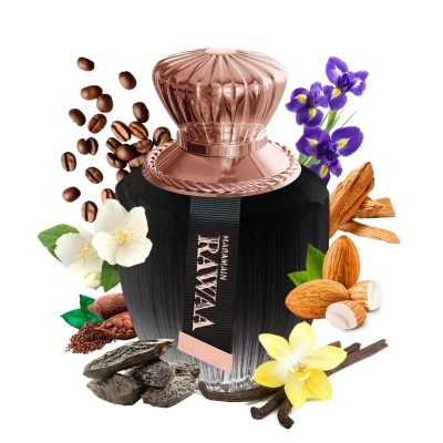 Frasco de perfume RAWAA com tampa cobre e ingredientes naturais ao redor