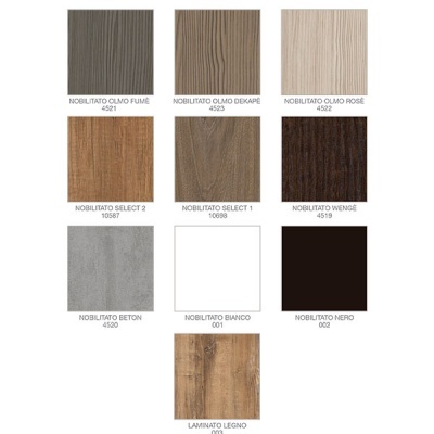 Amostras de materiais para revestimento com diferentes padrões e cores, com textos indicando nomes e códigos.