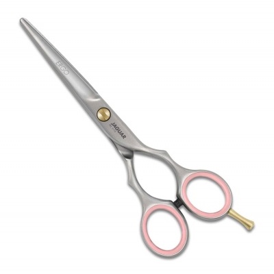 Tesoura profissional prateada com detalhes cor de rosa e dourado