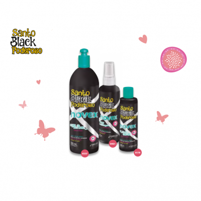 Produtos Novex Santo Black Poderoso com embalagens pretas e tampas verde-azuladas sobre fundo branco com borboletas rosa e texto Santo Black Poderoso.