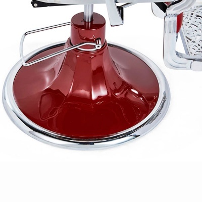 Base vermelha brilhante e cromada de cadeira de cabeleireiro com suporte metálico