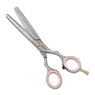 Tesoura de desbaste para cabelo com punhos cor-de-rosa e corpo metálico prateado