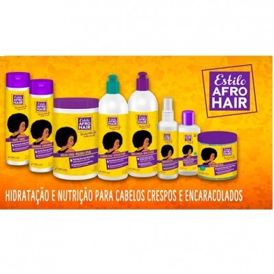 Produtos Estilo Afro Hair para cabelos crespos e encaracolados com embalagem amarela e roxa.