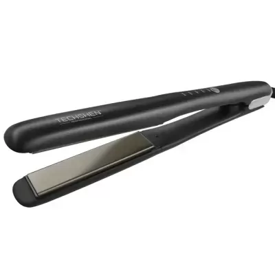 Prancha alisadora de cabelo preta com placas de cerâmica prateadas