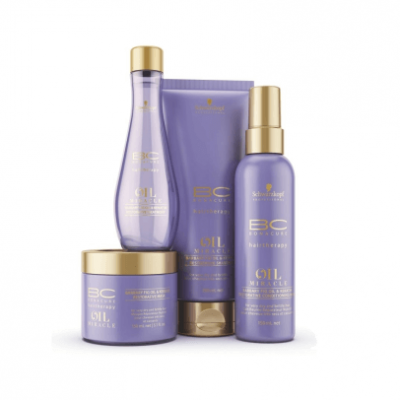 Produtos Schwarzkopf BC Bonacure Oil Miracle lilás com detalhes dourados em fundo branco