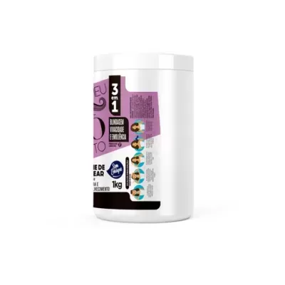 Recipiente branco de plástico com rótulo roxo de produto cosmético 3 em 1