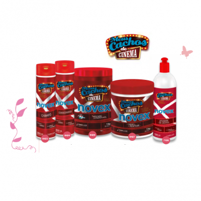 Produtos capilares Novex Meus Cachos de Cinema com embalagens vermelhas e azuis