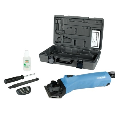 Máquina de tosquiar azul LEGEND com acessórios e estojo preto aberto