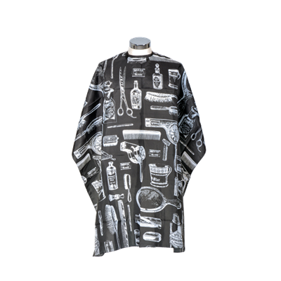 Capa para cabeleireiro preta com desenhos brancos de ferramentas de barbeiro