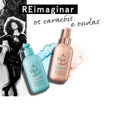 Dois frascos de produto para cabelo e texto promocional sobre caracóis e ondas