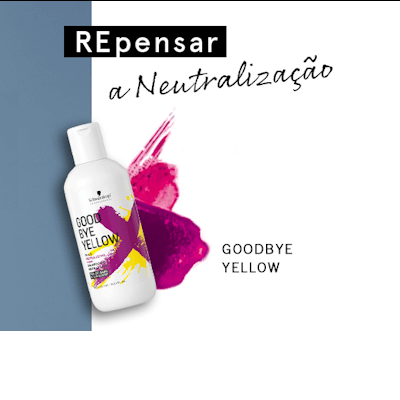 Frasco branco de produto GOOD BYE YELLOW com fundo azul e branco e texto REpensar a Neutralização
