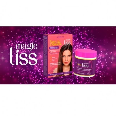 Produto Magic Liss para tratamento capilar com embalagem rosa e roxa e pote roxo com tampa rosa