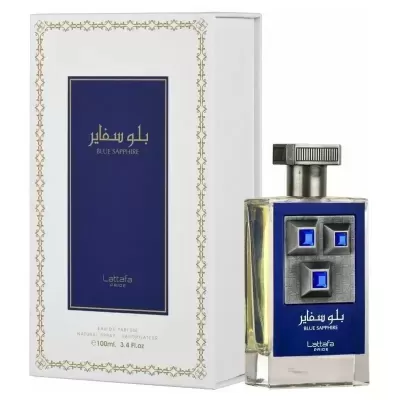 Frasco de perfume Blue Sapphire da Lattafa com caixa branca