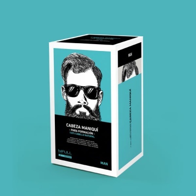 Caixa do produto Cabeza Maniquí para formação de cabelo com imagem de homem com barba e óculos