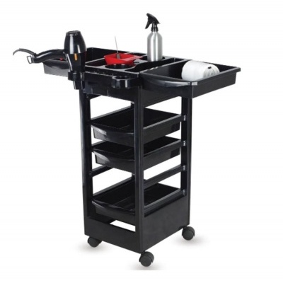 Carrinho organizador de cabeleireiro preto com secador, frasco de spray e acessórios