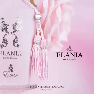 Frasco de perfume rosa claro Elania Pour Femme com cordão rosa e franjas