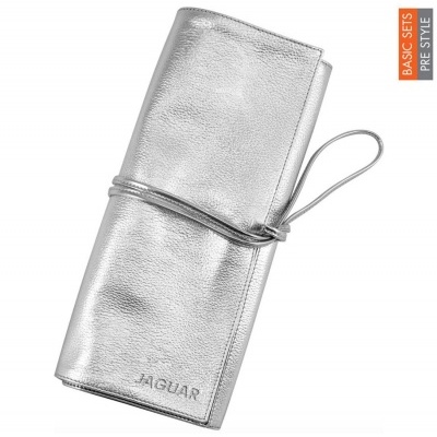 Estojo organizador prateado com fecho de cordão e texto Jaguar