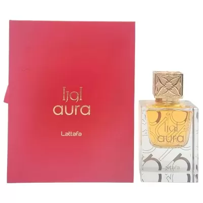 Perfume Lijal Aura Lattafa com embalagem vermelha e frasco transparente com líquido amarelo.