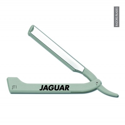 Navalha de barbear clássica verde com lâmina metálica e texto JAGUAR