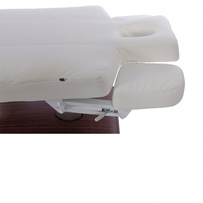 Cama de massagem branca com almofada ajustável em espuma e base de madeira