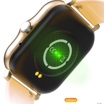 Relógio inteligente dourado com monitor de frequência cardíaca e gráfico colorido