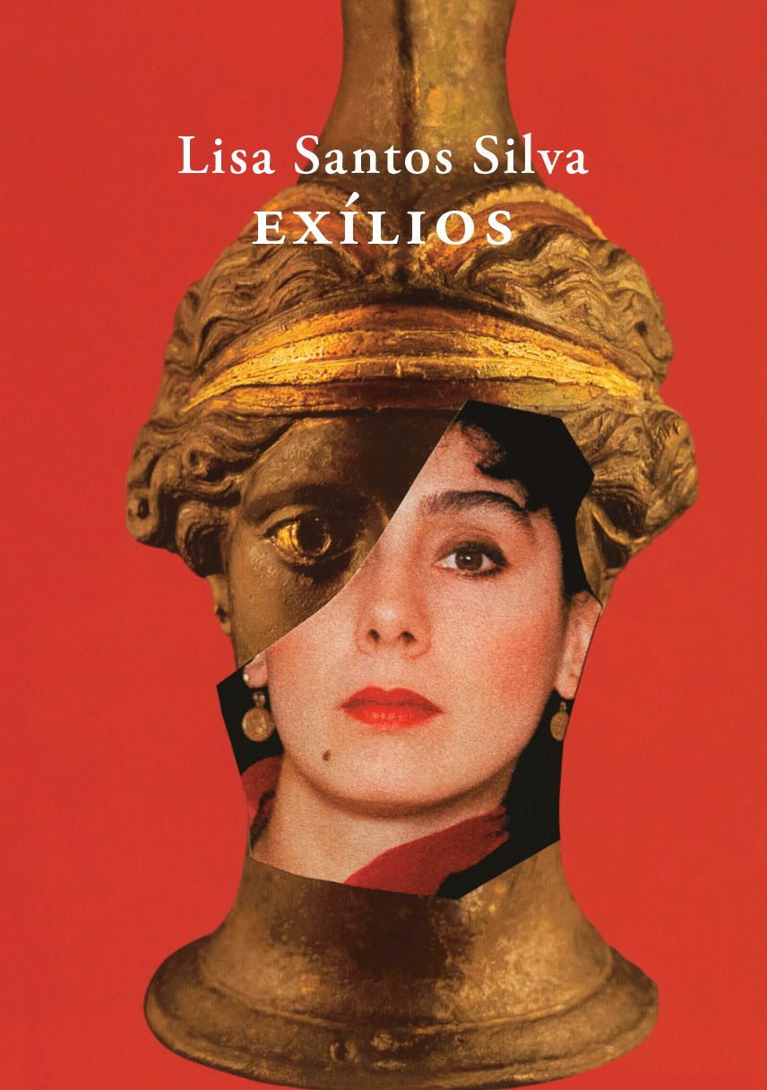 EXÍLIOS Capa de livro vermelho com escultura dourada e rosto de mulher, texto Lisa Santos Silva EXÍLIOS