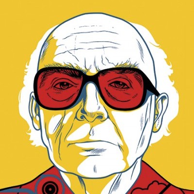 Capa de livro com retrato estilizado de homem de cabelo branco e óculos vermelhos sobre fundo amarelo.