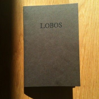 Livro ou caderno cinzento com texto LOBOS numa superfície de madeira clara