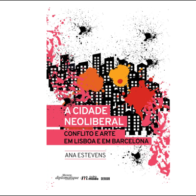 Capa de livro A CIDADE NEOLIBERAL com ilustração urbana e manchas de tinta