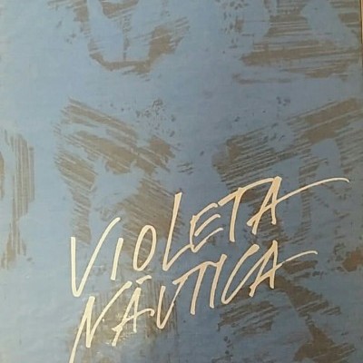 Livro azul com título e autor em branco, sobre superfície preta e tecido xadrez vermelho e branco ao fundo