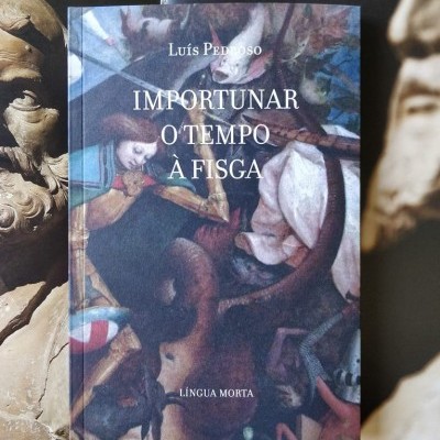 Livro 'IMPORTUNAR O TEMPO Á FISGA' de Luís Pedroso com capa ilustrada entre esculturas clásicas