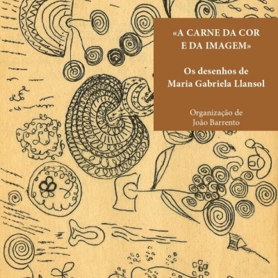 Capa de livro com desenhos abstratos a preto em fundo bege e texto em caixa castanha.