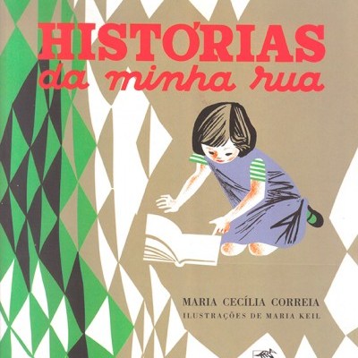 Capa do livro 'HISTÓRIAS da minha rua' com ilustração de menina lendo e padrão geométrico colorido