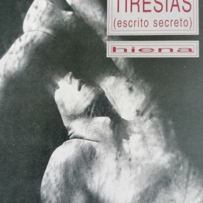 Capa de livro preto e branco com escultura e texto vermelho