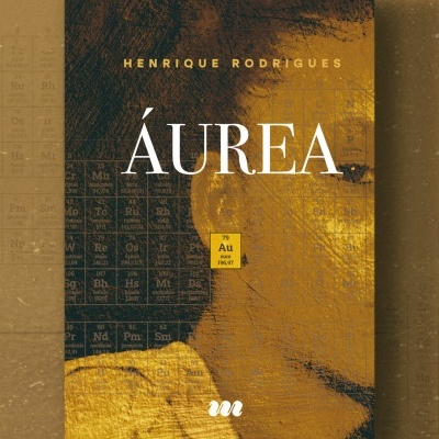 Capa de livro dourada e preta com título ÁUREA e tabela periódica com destaque para ouro AU.