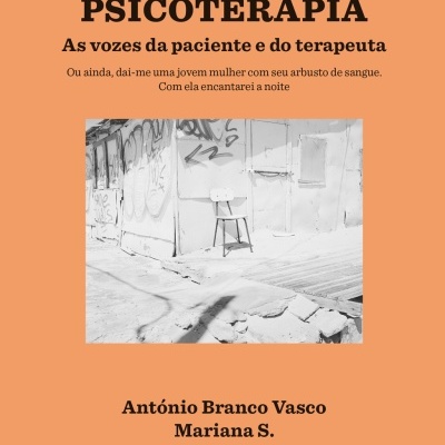 Capa de livro laranja com título, citação, foto preto e branco de cadeira e muro com grafitis, autores e selo